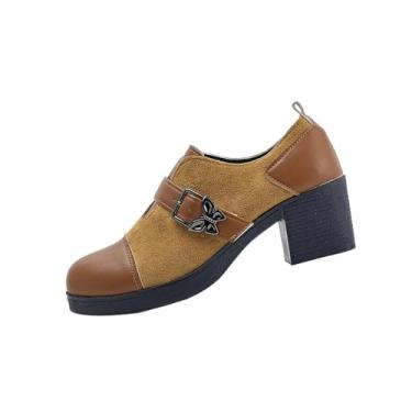 Imagem de Sapatos Mary Jane para mulheres, mocassins femininos de retalhos, bico redondo, bico fechado, salto médio com estilo britânico, Marrom, 38