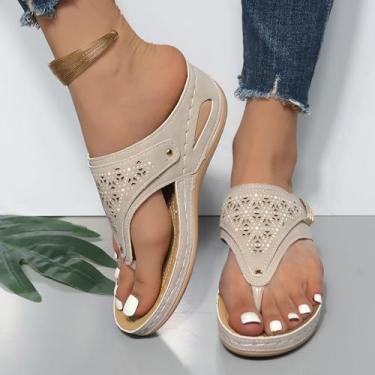 Imagem de Sandálias femininas estilo cunha confortáveis ortopédicas femininas elegantes de verão chinelos casuais para caminhada, Bege, 37