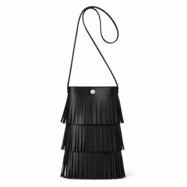 Imagem de Bolsa Feminina Transversal P/Celular Design Franja Couro Pu Vegano ALWY (Preto)