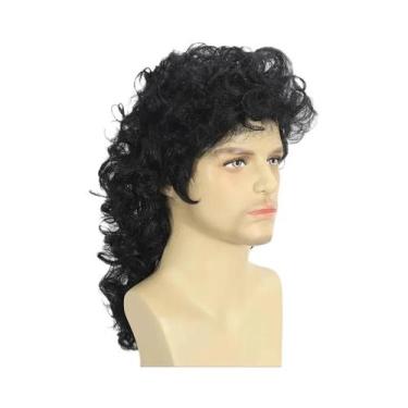 Imagem de Peruca Masculina Preta Longa Cacheada Estilo Mullet Anos 70/80, Sintét