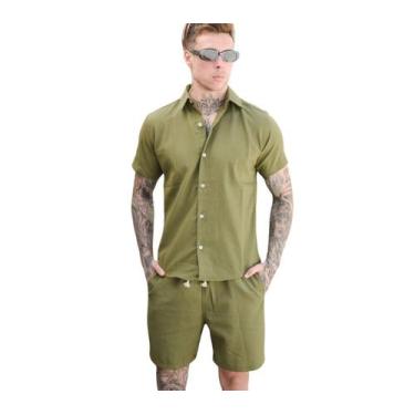 Imagem de Conjunto de Linho Masculino Camisa Botão Linho Bermuda Linho - Mitchel