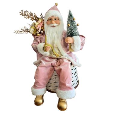 Imagem de Papai Noel Sentado - Veludo Rosa 45cm para Decoração de Natal com Estrutura em Polietil...