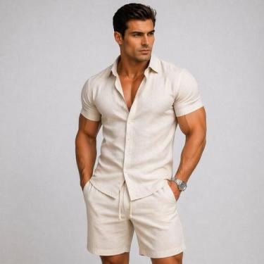 Imagem de Conjunto Camisa Linho Manga Curta Masculina Bermuda Linho - Volgue, Be