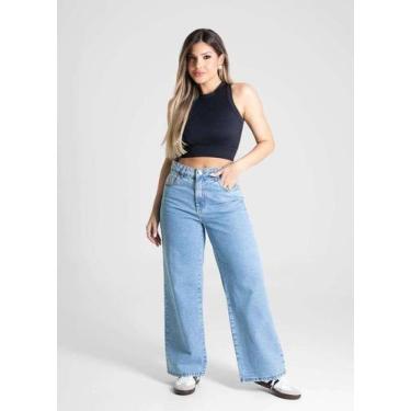 Imagem de Calça Feminina Jeans Wide Leg Petit Sawary Premium Original Cintura Al