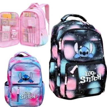 Imagem de Mochila Bolsa Escolar Fichário Menina Lilo Stitch Infantil Rosa Azul -