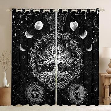 Imagem de Cortinas blackout de sol e lua (30%-50%), cortina de borboleta de árvore boêmia, psicodélica, hippie, escurecimento de janela, para decoração de quarto, galáxia, astrologia, tratamento de janela (2 painéis, 106 x 228 cm)