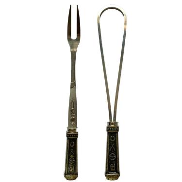 Imagem de Kit Garfo + Batedor p/ churrasco inox com cabo Zamac dourado