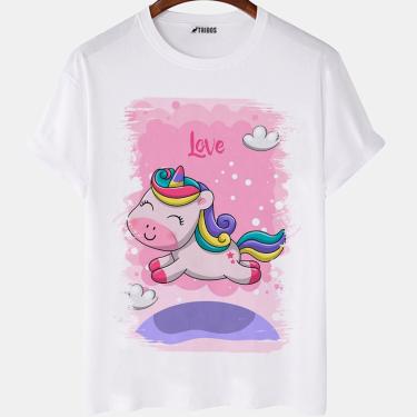 Imagem de Camiseta masculina Infantil Unicornio Fofo Love Rosa Camisa Blusa Branca Estampada