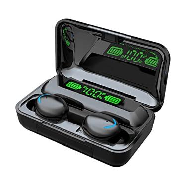 Imagem de Fone de ouvido in-ear sem fio F9-5 preto com power bank caxia de carregador mostrando bateria ligação música