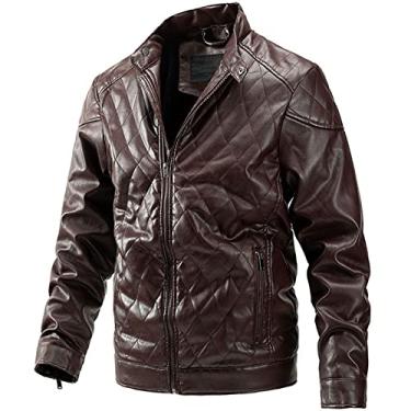 Imagem de Jaqueta masculina bomber falso com zíper Commuter premium PU motocicleta lapela jaqueta à prova de vento casaco de couro impermeável outono, vermelho, M (170 cm/60 kg)