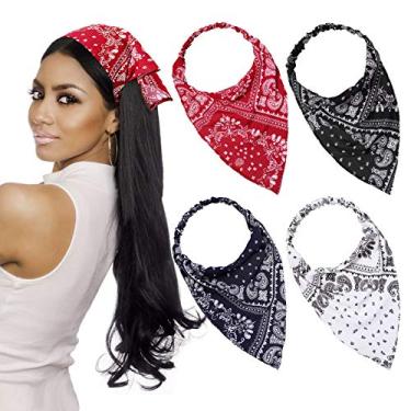 Imagem de 4 peças de lenço de cabelo elástico com estampa de turbante vintage de algodão, lenço de cabeça de triângulo, bandana de cabelo para mulheres e meninas