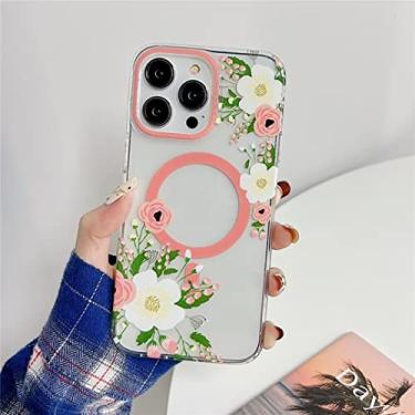 Imagem de MOESOE Compatível com capa para iPhone 14, capa de carregamento magnético sem fio feminina menina bonito floral transparente capas não amareladas capa fina para telefone bumper capa à prova de choque - rosa