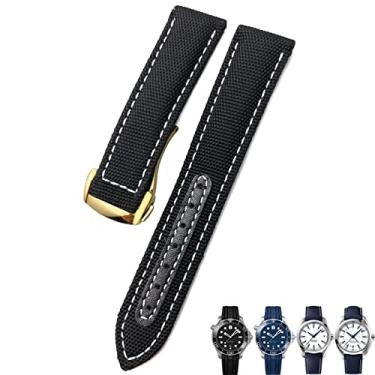 Imagem de DFAMIN 19mm 20mm Pulseira de relógio de nylon tecido preto azul fivela de implantação pulseiras de relógio de couro para Omega AT150 AQUA TERRA Seamaster Tissot (Cor: ouro preto branco, Tamanho: 21mm)
