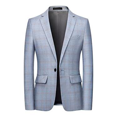Imagem de Blazer masculino primavera casual xadrez poliéster slim terno jaqueta formal negócios jantar casacos clássico chique um botão manga comprida, azul, 3GG (busto: 111 cm)