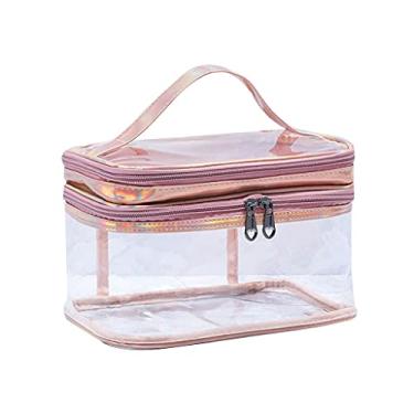 Imagem de SANGHAI Bolsa de maquiagem transparente portátil 2 camadas com zíper bolsa de armazenamento de viagem rosa