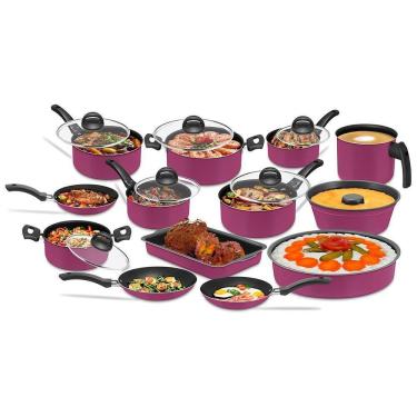 Imagem de Conjunto Panelas Antiaderente Tampa De Vidro 13 Peças - Rosa