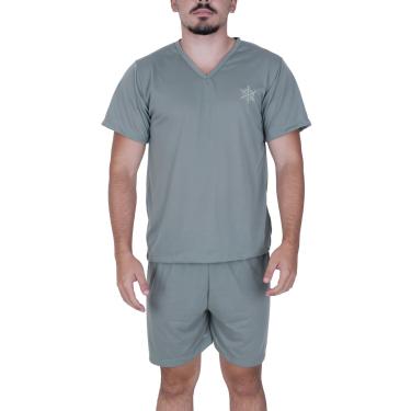 Imagem de Pijama Masculino Curto Adulto Verão Terra e Mar Camisa Manga Curta Gola V Short Verde Claro  unissex