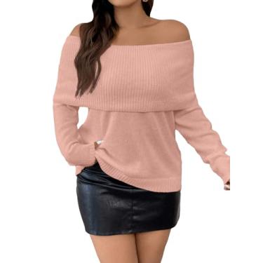 Imagem de MakeMeChic Pulôver feminino plus size ombro de fora dobrável manga longa pulôver suéter top, Rosa coral, Large Plus