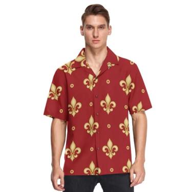 Imagem de Camisa masculina havaiana de manga curta com botões colorida Mardi Gras Royal Fleur De Lis Roxa Casual Camisa de Playa para, Carnaval de Carnaval, flor de lis, vermelho, P