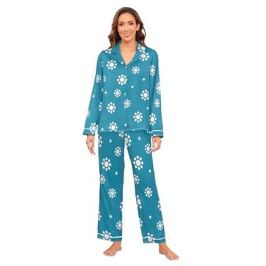 Imagem de KLL Pijama de cetim feminino abstrato azul moda moda pijama de seda leve e confortável para, Moda floral abstrata azul, P