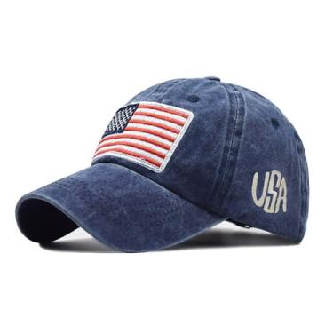 Imagem de Boné de beisebol unissex vintage ajustável bandeira dos EUA chapéu de beisebol cowboy pai boné para homens e mulheres, Azul-marinho lavado, G