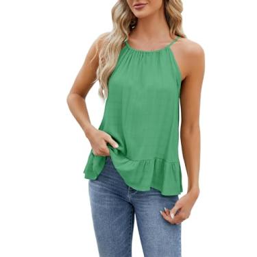 Imagem de PKDong Halter Tops para mulheres com alças cor sólida colete túnica ombro vazado regata moderna camiseta regata verão casual, Verde, M