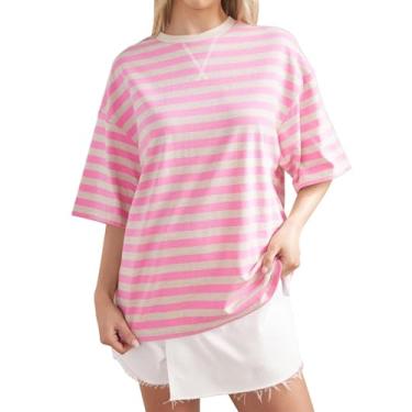 Imagem de PKDong Tops de verão para mulheres, casuais, camisetas soltas, listradas, grandes dimensões, cores contrastantes, gola redonda, manga 7 quartos, A02 Rosa Bege, G