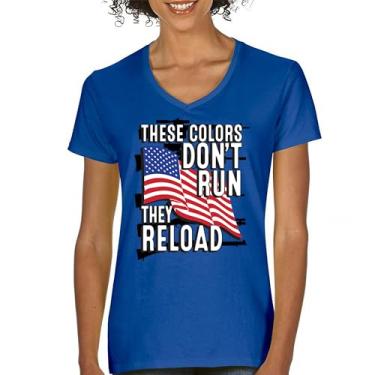 Imagem de Camiseta feminina gola V These Colors Don't Run They Reload 2nd Amendment 2A Don't Tread on Me Second Right Camiseta com bandeira americana, Azul, M