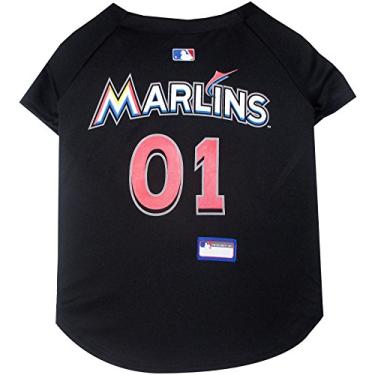 Imagem de Pets First Camiseta para cães MLB Miami Marlins, pequena. – Roupa de beisebol colorida da equipe profissional