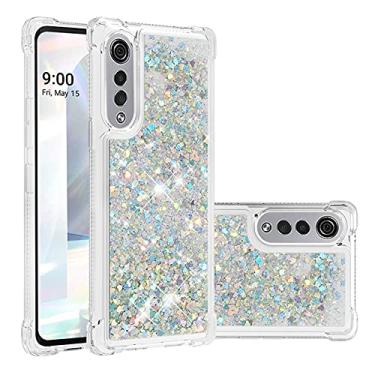 Imagem de Asdsinfor Compatível com LG Velvet 5G Case, Glitter Liquid Cute Clear Flowing Quicksand TPU com cinto anti-queda capa de proteção à prova de choque para LG Velvet 5G Silver Love LSYB