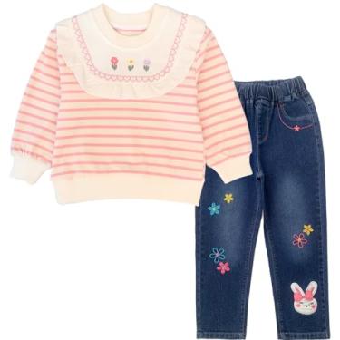 Imagem de Peacolate 2-7 anos primavera outono conjunto de roupas 2 peças camiseta e jeans, Tiras brancas e rosa, 5-6 Anos