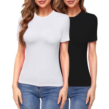 Imagem de Urvicor Camisetas femininas de malha elástica com gola redonda e manga curta, pacote com 2, Preto + branco, GG