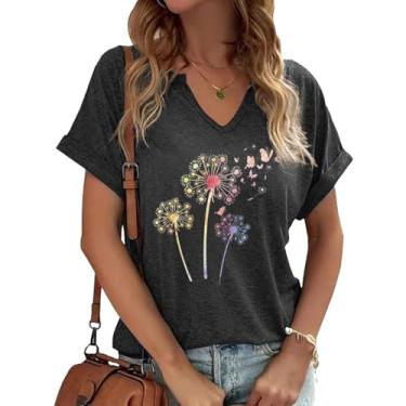 Imagem de Dandelion Shirts Camiseta feminina com gola V e girassol flores silvestres estampa casual, Cinza escuro - 1, M