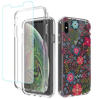 Imagem de sidande Capa para iPhone Xs Max com protetor de tela de vidro temperado, capa protetora fina de TPU floral transparente para Apple iPhone Xs Max 6,5 polegadas (estampas florais)