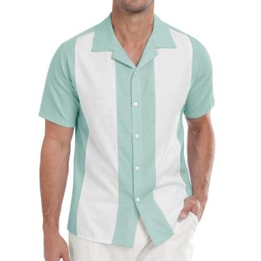 Imagem de Askdeer Camisas masculinas de linho vintage camisa de boliche manga curta Cuba Beach camisas verão casual camisa de botão, A04 Azul Verde Branco, GG