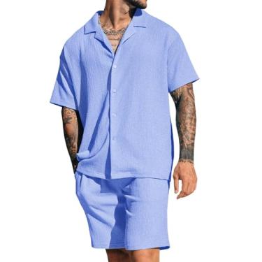 Imagem de Conjunto masculino de 2 peças de camisa e shorts, manga curta, camisa cubana de botão, roupas de verão para férias na praia, Azul, G