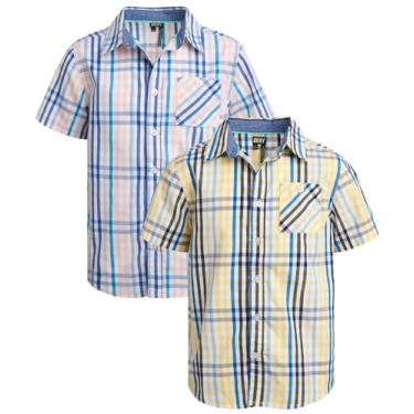 Imagem de DKNY Camisa de botão para meninos - Pacote com 2 camisetas casuais de manga curta - Camisa infantil com colarinho para meninos (4-18), Xadrez amarelo claro/rosa, 18-20