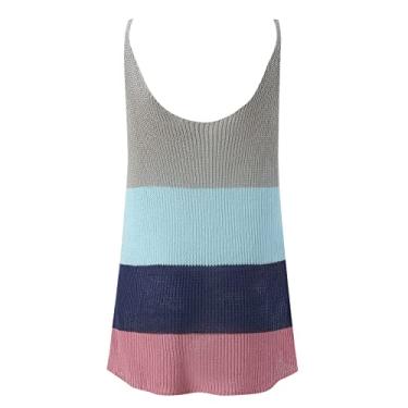 Imagem de Camiseta regata feminina de tricô de algodão sem manga gola redonda folgada túnica listrada ilhó para sair, Y1-Azul-celeste, G