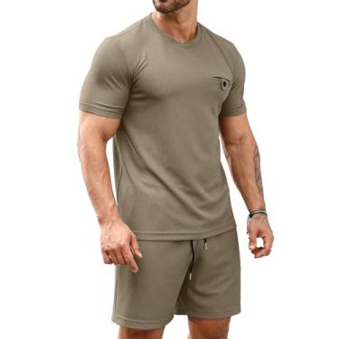 Imagem de Aulemen Conjunto de 2 peças de camiseta masculina casual waffle e shorts atléticos para corrida de verão, Caqui, 3G
