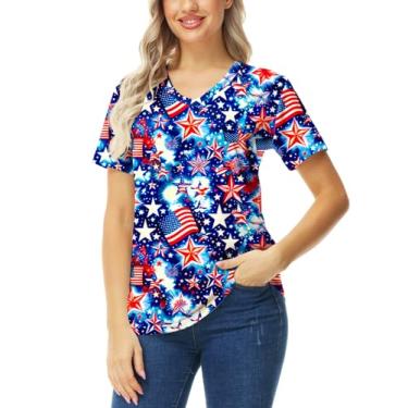 Imagem de AOBUTE Camiseta feminina Mardi Gras gola V manga curta verão tops, Estrela e bandeira, M
