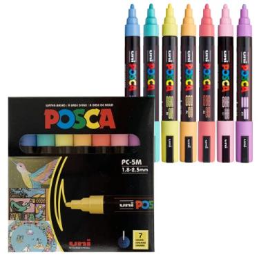 Imagem de 7 marcadores de tinta pastel Posca, marcadores Posca médios de 5 m com pontas reversíveis, canetas de tinta acrílica | Canetas Posca para materiais de arte, tinta de tecido, canetas de tinta,