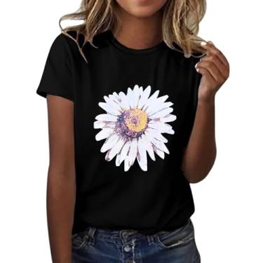 Imagem de Camiseta feminina com estampa floral, manga curta, gola redonda, leve, macia, casual, roupa de verão, ajuste técnico, Preto, 3G