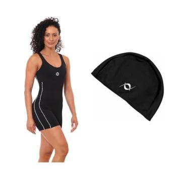 Imagem de Kit Macaquinho Helanca Natação Hidroginástica Com Touca De Tecido (Preto/Branco - Touca Preta, GG)