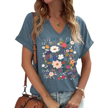 Imagem de Camiseta feminina Boho floral gola V verão vintage flores estampadas colorido flores silvestres casual casual camiseta botânica, Azul - 33, G