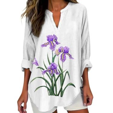 Imagem de Camisetas de linho femininas Alzheimer, manga comprida, roxa, estampa floral, camisetas grandes, blusas soltas, Branco, G