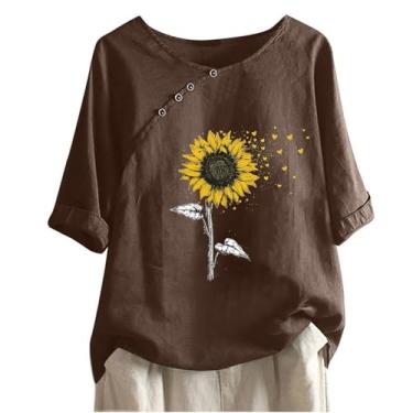 Imagem de Camisetas femininas de linho de algodão de manga curta com estampa de girassol casual camiseta grande cor sólida blusas soltas de verão, Marrom, XG