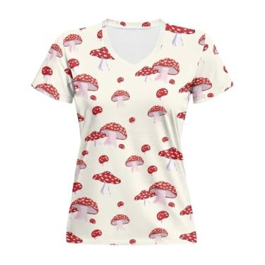 Imagem de Gzzxiailg Camiseta feminina com gola V macia, básica, leve, de manga curta, túnica plus size, Cogumelo vermelho, P