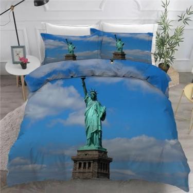 Imagem de Jogo de cama solteiro Lady Liberty, céu azul, conjunto de 3 peças para decoração de quarto, capa de edredom de microfibra macia 152 x 232 cm e 2 fronhas, com fecho de zíper e laços