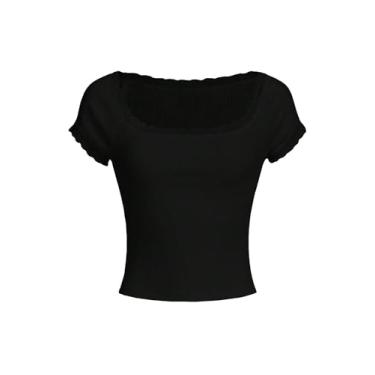 Imagem de SHENHE Camiseta feminina sexy de malha canelada com acabamento em renda e manga curta justa, Preto, G