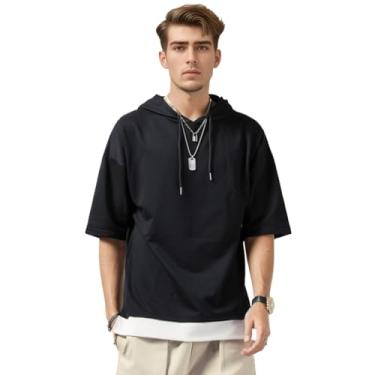 Imagem de KENAIJING Camiseta masculina, moletom com capuz de manga curta casual de verão, Preto, Small